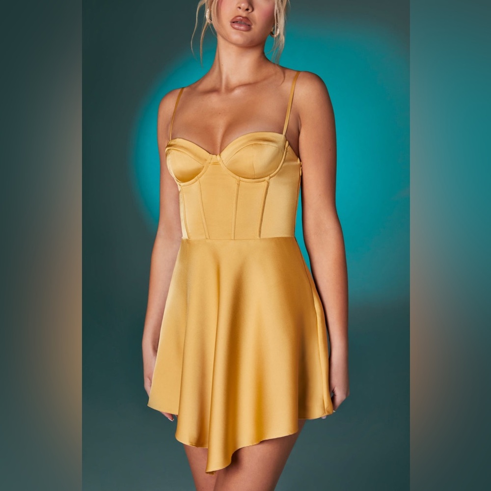 Oh Polly Tinsley Asymmetric Hem Corset Mini Dress in Gold |XS|